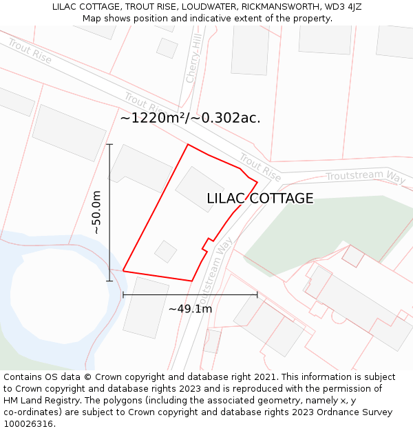 LILAC COTTAGE, TROUT RISE, LOUDWATER, RICKMANSWORTH, WD3 4JZ: Plot and title map