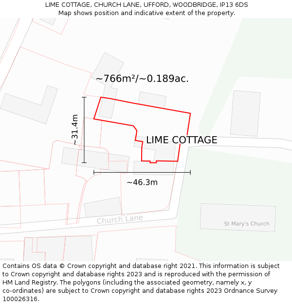 LIME COTTAGE, CHURCH LANE, UFFORD, WOODBRIDGE, IP13 6DS: Plot and title map
