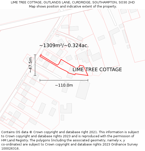 LIME TREE COTTAGE, OUTLANDS LANE, CURDRIDGE, SOUTHAMPTON, SO30 2HD: Plot and title map
