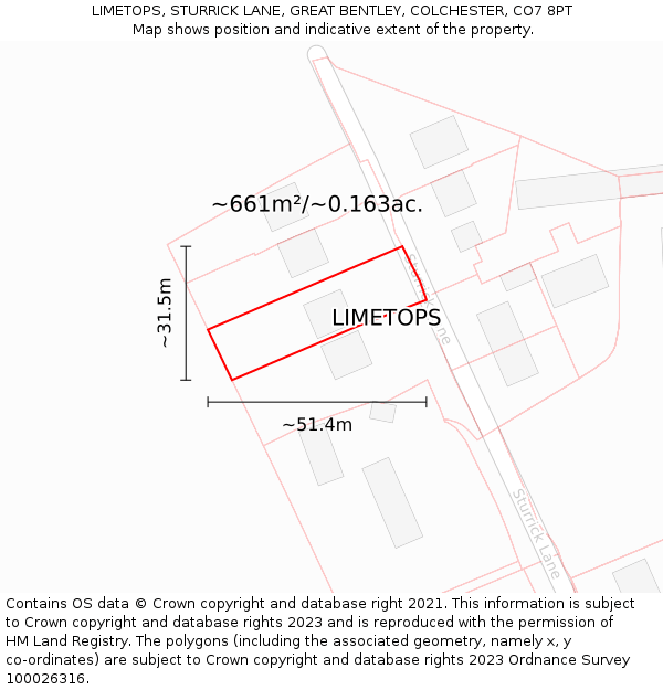 LIMETOPS, STURRICK LANE, GREAT BENTLEY, COLCHESTER, CO7 8PT: Plot and title map