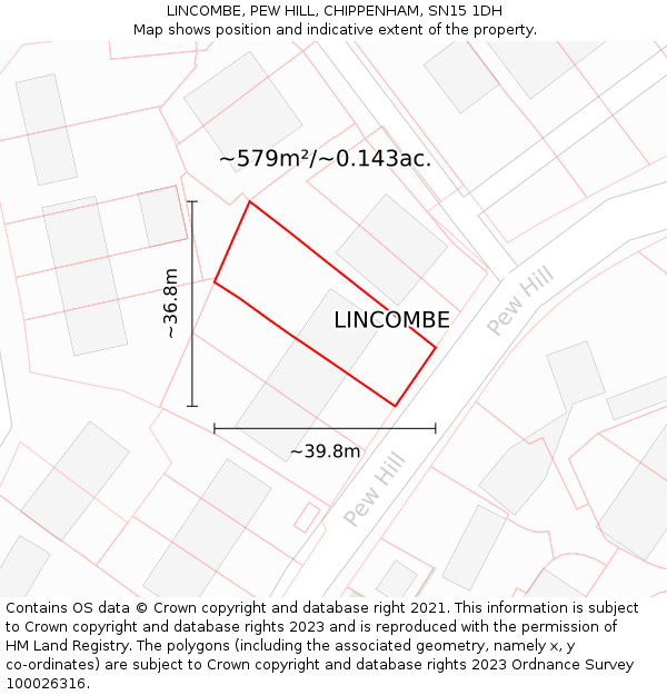 LINCOMBE, PEW HILL, CHIPPENHAM, SN15 1DH: Plot and title map