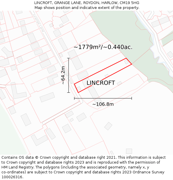 LINCROFT, GRANGE LANE, ROYDON, HARLOW, CM19 5HG: Plot and title map