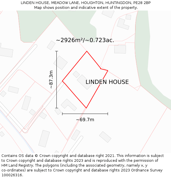 LINDEN HOUSE, MEADOW LANE, HOUGHTON, HUNTINGDON, PE28 2BP: Plot and title map