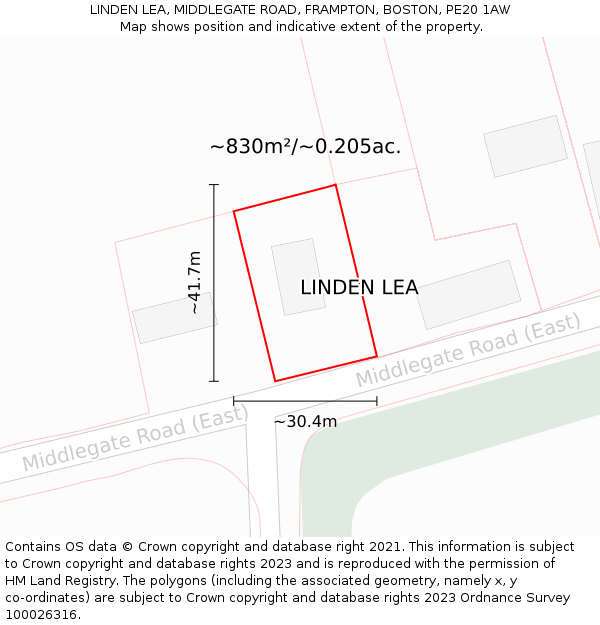 LINDEN LEA, MIDDLEGATE ROAD, FRAMPTON, BOSTON, PE20 1AW: Plot and title map