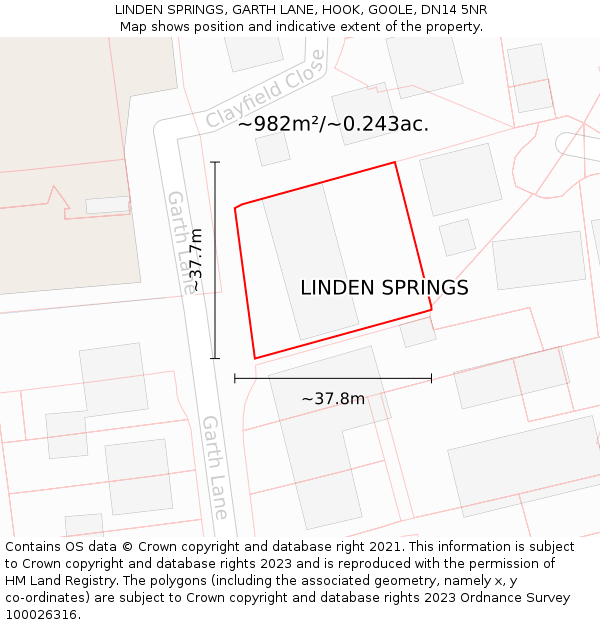 LINDEN SPRINGS, GARTH LANE, HOOK, GOOLE, DN14 5NR: Plot and title map