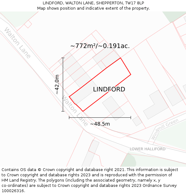 LINDFORD, WALTON LANE, SHEPPERTON, TW17 8LP: Plot and title map
