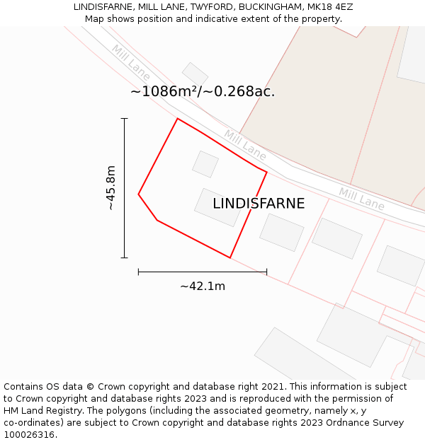 LINDISFARNE, MILL LANE, TWYFORD, BUCKINGHAM, MK18 4EZ: Plot and title map