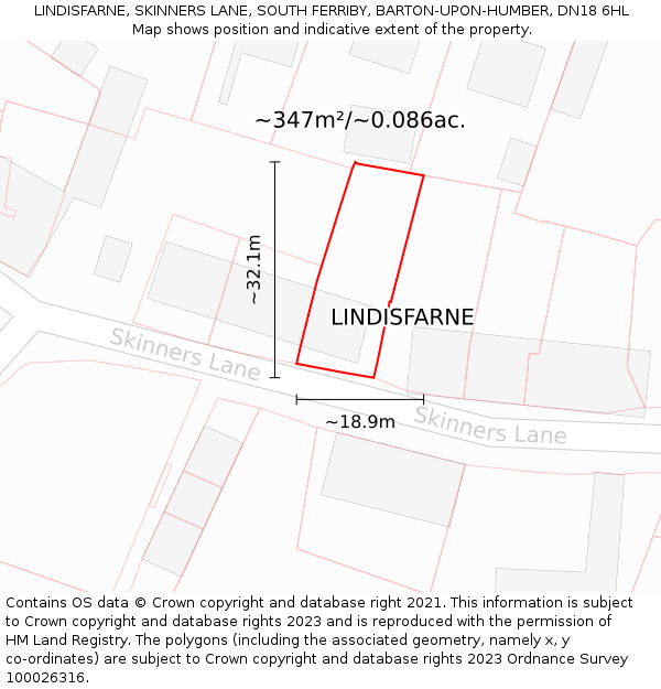 LINDISFARNE, SKINNERS LANE, SOUTH FERRIBY, BARTON-UPON-HUMBER, DN18 6HL: Plot and title map