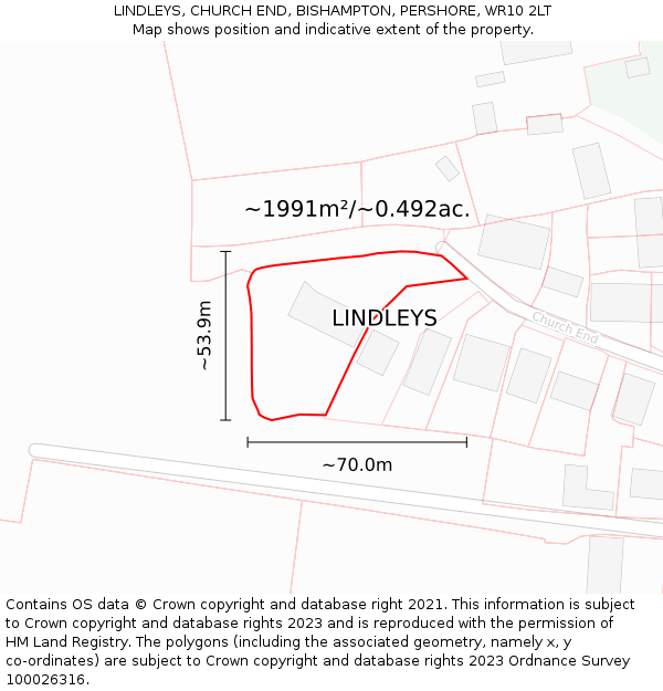 LINDLEYS, CHURCH END, BISHAMPTON, PERSHORE, WR10 2LT: Plot and title map
