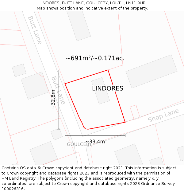LINDORES, BUTT LANE, GOULCEBY, LOUTH, LN11 9UP: Plot and title map