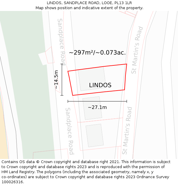LINDOS, SANDPLACE ROAD, LOOE, PL13 1LR: Plot and title map