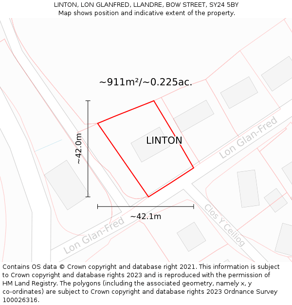 LINTON, LON GLANFRED, LLANDRE, BOW STREET, SY24 5BY: Plot and title map