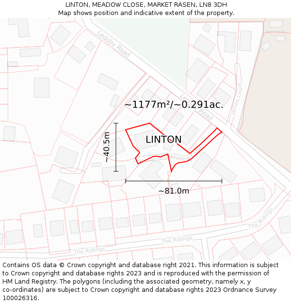 LINTON, MEADOW CLOSE, MARKET RASEN, LN8 3DH: Plot and title map