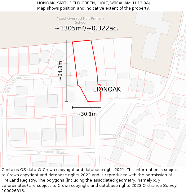LIONOAK, SMITHFIELD GREEN, HOLT, WREXHAM, LL13 9AJ: Plot and title map