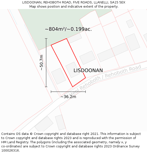 LISDOONAN, REHOBOTH ROAD, FIVE ROADS, LLANELLI, SA15 5EX: Plot and title map