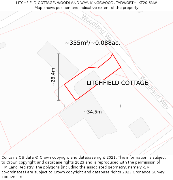 LITCHFIELD COTTAGE, WOODLAND WAY, KINGSWOOD, TADWORTH, KT20 6NW: Plot and title map
