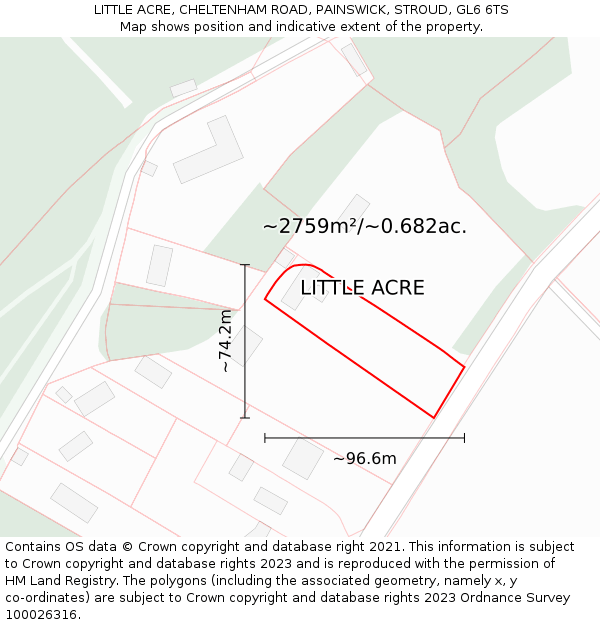LITTLE ACRE, CHELTENHAM ROAD, PAINSWICK, STROUD, GL6 6TS: Plot and title map