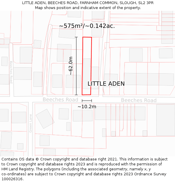LITTLE ADEN, BEECHES ROAD, FARNHAM COMMON, SLOUGH, SL2 3PR: Plot and title map