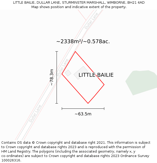 LITTLE BAILIE, DULLAR LANE, STURMINSTER MARSHALL, WIMBORNE, BH21 4AD: Plot and title map