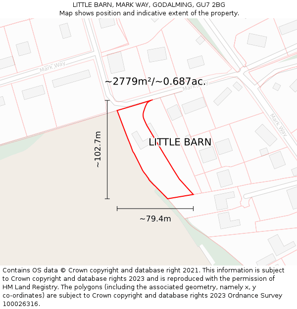 LITTLE BARN, MARK WAY, GODALMING, GU7 2BG: Plot and title map