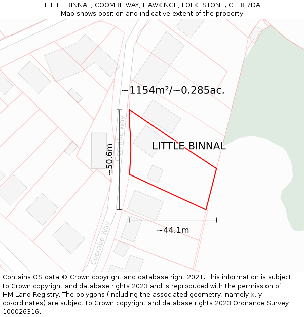 LITTLE BINNAL, COOMBE WAY, HAWKINGE, FOLKESTONE, CT18 7DA: Plot and title map