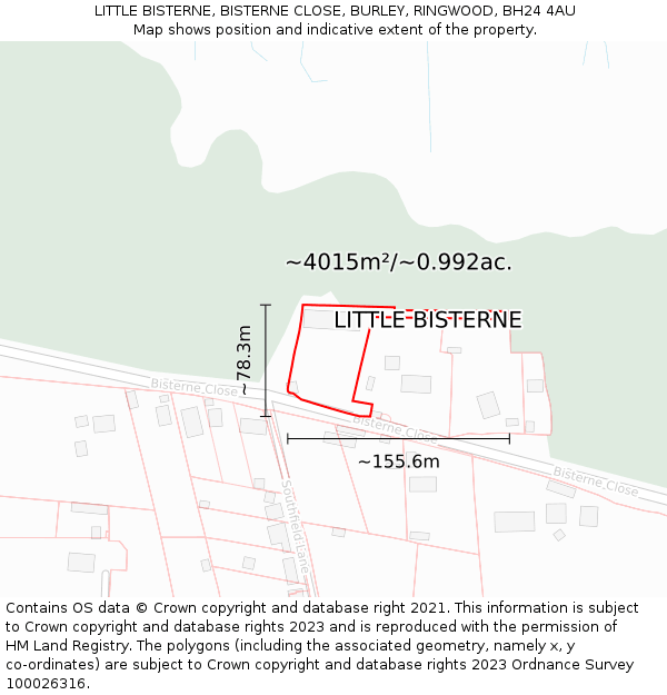 LITTLE BISTERNE, BISTERNE CLOSE, BURLEY, RINGWOOD, BH24 4AU: Plot and title map