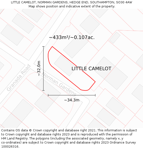 LITTLE CAMELOT, NORMAN GARDENS, HEDGE END, SOUTHAMPTON, SO30 4AW: Plot and title map