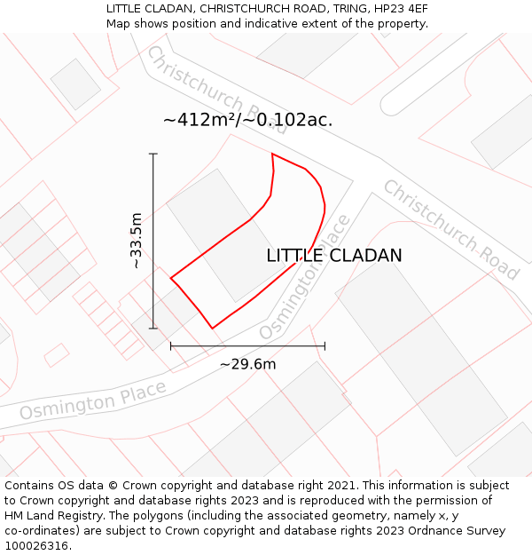 LITTLE CLADAN, CHRISTCHURCH ROAD, TRING, HP23 4EF: Plot and title map