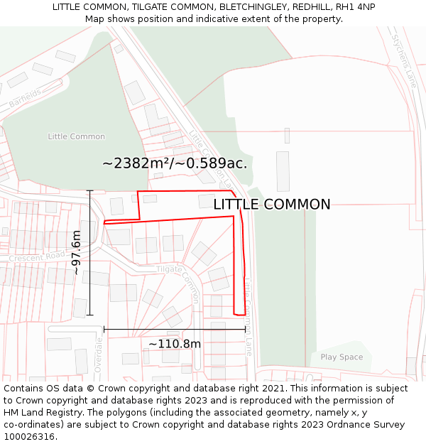LITTLE COMMON, TILGATE COMMON, BLETCHINGLEY, REDHILL, RH1 4NP: Plot and title map