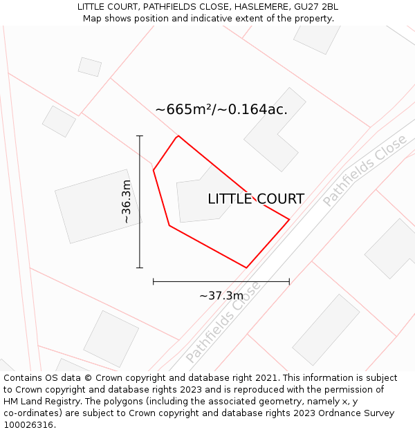 LITTLE COURT, PATHFIELDS CLOSE, HASLEMERE, GU27 2BL: Plot and title map