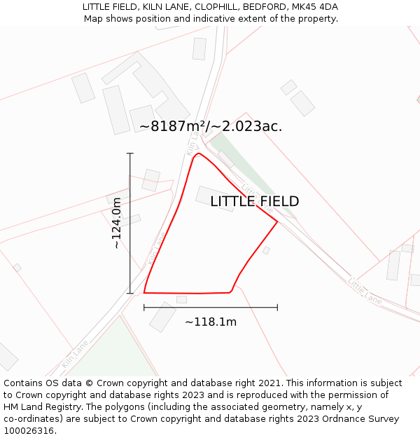 LITTLE FIELD, KILN LANE, CLOPHILL, BEDFORD, MK45 4DA: Plot and title map
