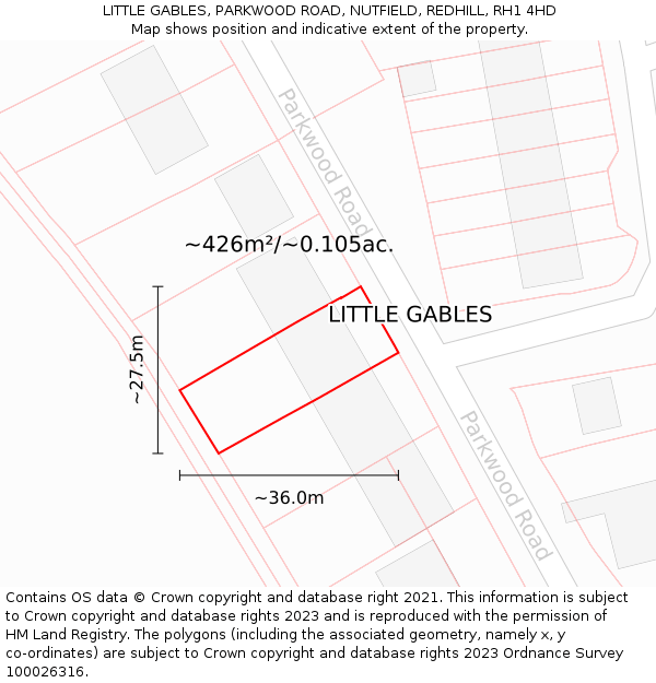 LITTLE GABLES, PARKWOOD ROAD, NUTFIELD, REDHILL, RH1 4HD: Plot and title map