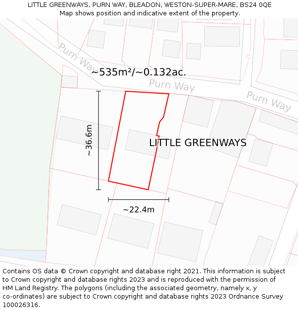 LITTLE GREENWAYS, PURN WAY, BLEADON, WESTON-SUPER-MARE, BS24 0QE: Plot and title map