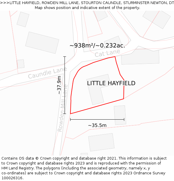 LITTLE HAYFIELD, ROWDEN MILL LANE, STOURTON CAUNDLE, STURMINSTER NEWTON, DT10 2JT: Plot and title map