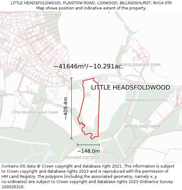 LITTLE HEADSFOLDWOOD, PLAISTOW ROAD, LOXWOOD, BILLINGSHURST, RH14 0TR: Plot and title map