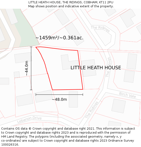 LITTLE HEATH HOUSE, THE RIDINGS, COBHAM, KT11 2PU: Plot and title map