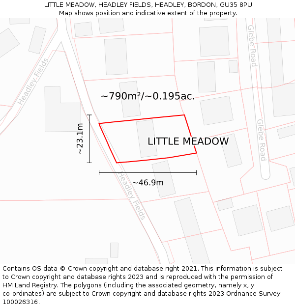 LITTLE MEADOW, HEADLEY FIELDS, HEADLEY, BORDON, GU35 8PU: Plot and title map