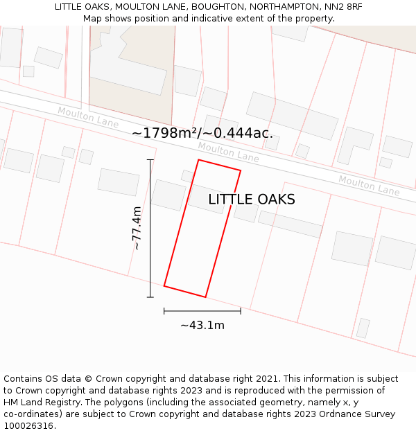 LITTLE OAKS, MOULTON LANE, BOUGHTON, NORTHAMPTON, NN2 8RF: Plot and title map