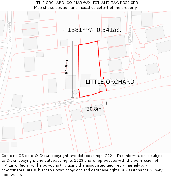 LITTLE ORCHARD, COLMAR WAY, TOTLAND BAY, PO39 0EB: Plot and title map