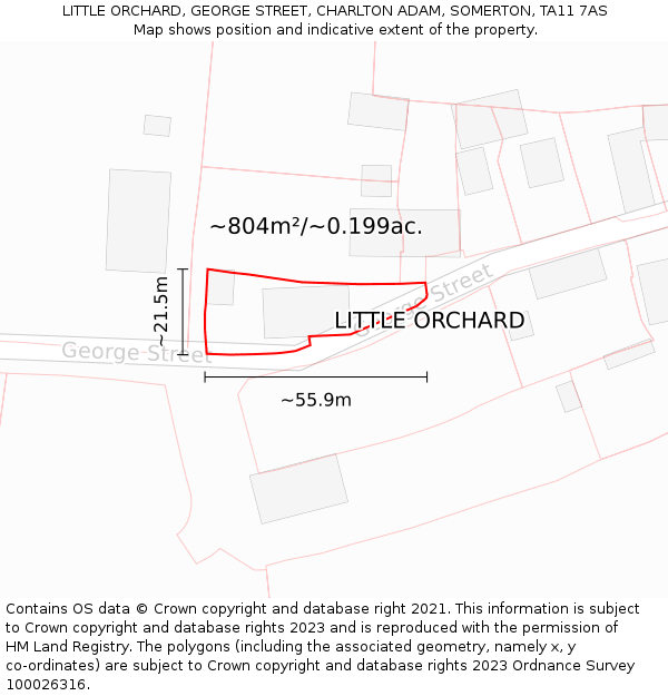 LITTLE ORCHARD, GEORGE STREET, CHARLTON ADAM, SOMERTON, TA11 7AS: Plot and title map