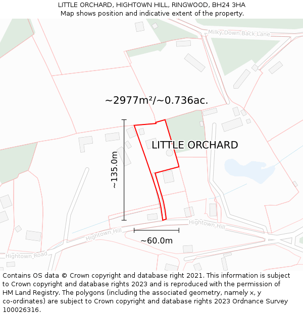LITTLE ORCHARD, HIGHTOWN HILL, RINGWOOD, BH24 3HA: Plot and title map