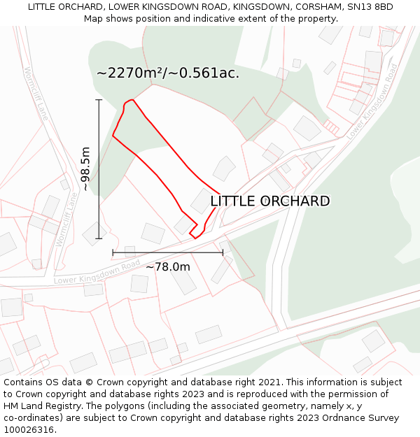 LITTLE ORCHARD, LOWER KINGSDOWN ROAD, KINGSDOWN, CORSHAM, SN13 8BD: Plot and title map