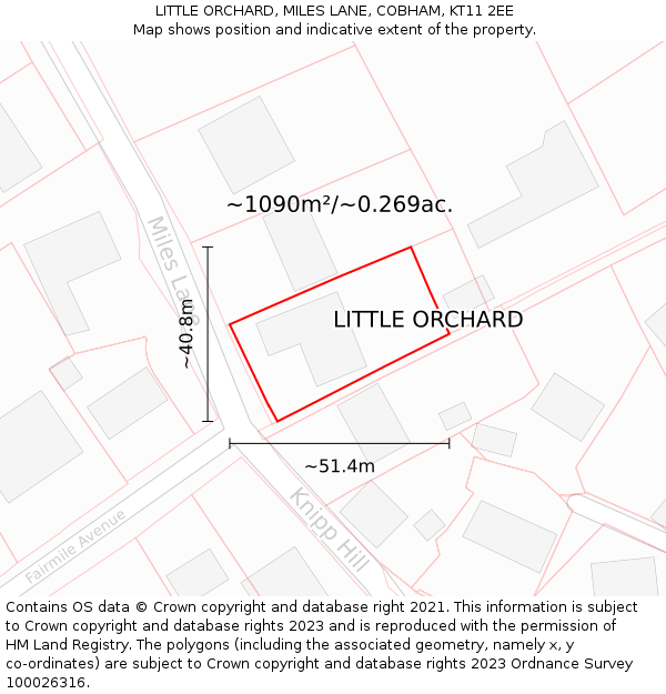 LITTLE ORCHARD, MILES LANE, COBHAM, KT11 2EE: Plot and title map