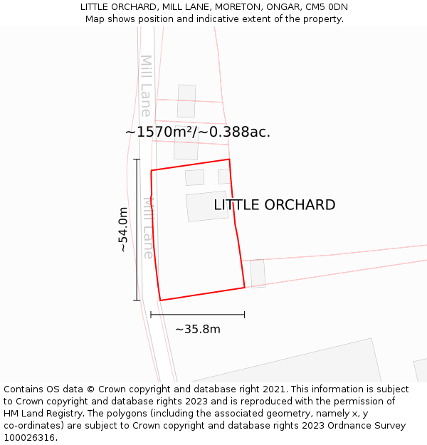 LITTLE ORCHARD, MILL LANE, MORETON, ONGAR, CM5 0DN: Plot and title map