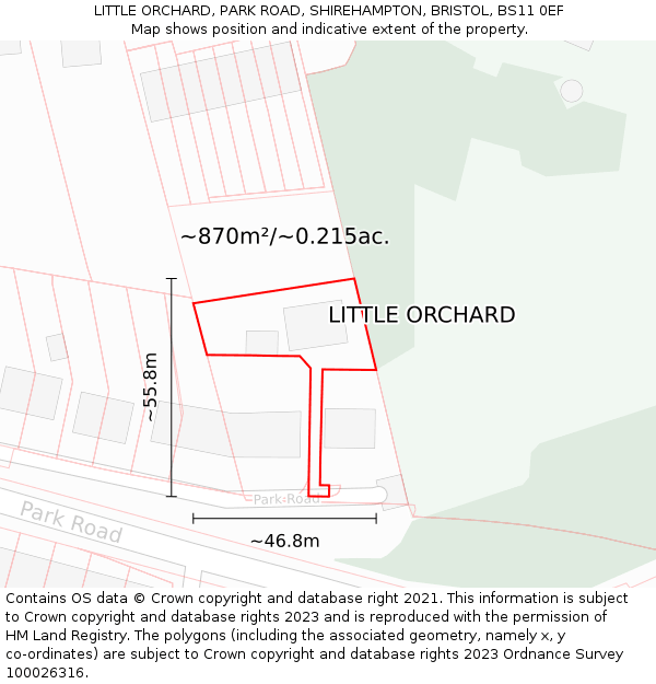 LITTLE ORCHARD, PARK ROAD, SHIREHAMPTON, BRISTOL, BS11 0EF: Plot and title map