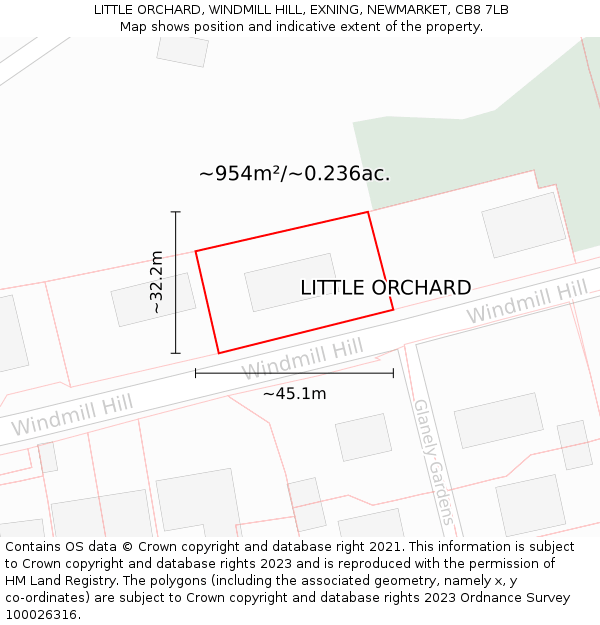 LITTLE ORCHARD, WINDMILL HILL, EXNING, NEWMARKET, CB8 7LB: Plot and title map