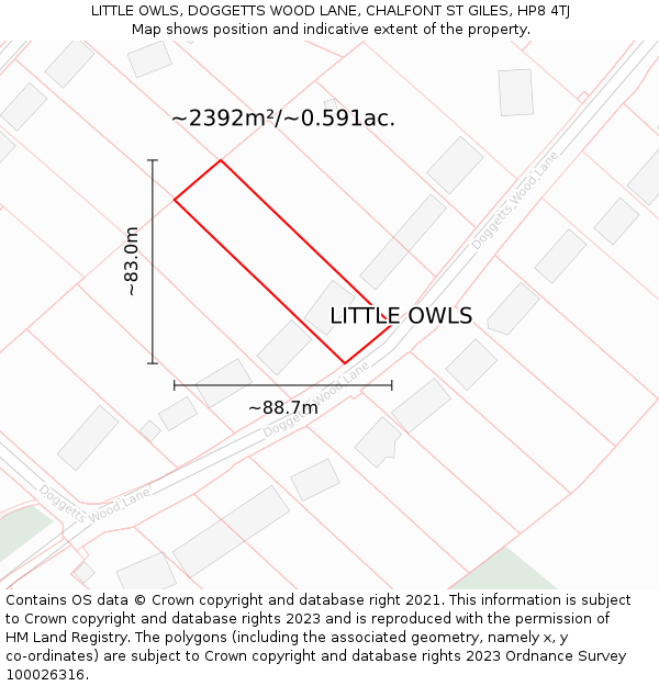 LITTLE OWLS, DOGGETTS WOOD LANE, CHALFONT ST GILES, HP8 4TJ: Plot and title map