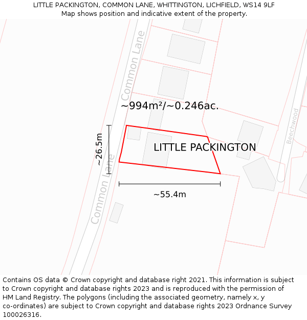 LITTLE PACKINGTON, COMMON LANE, WHITTINGTON, LICHFIELD, WS14 9LF: Plot and title map