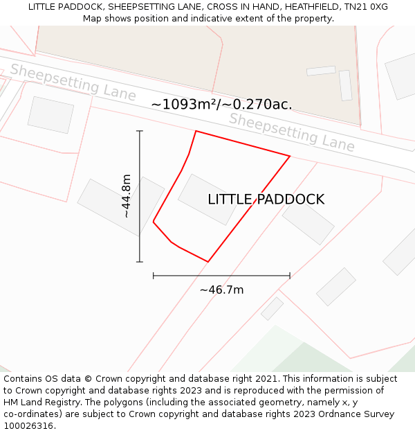 LITTLE PADDOCK, SHEEPSETTING LANE, CROSS IN HAND, HEATHFIELD, TN21 0XG: Plot and title map
