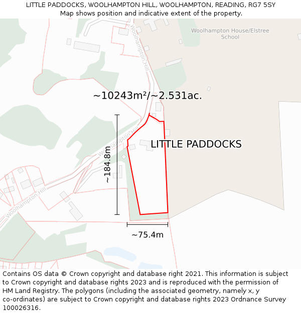 LITTLE PADDOCKS, WOOLHAMPTON HILL, WOOLHAMPTON, READING, RG7 5SY: Plot and title map